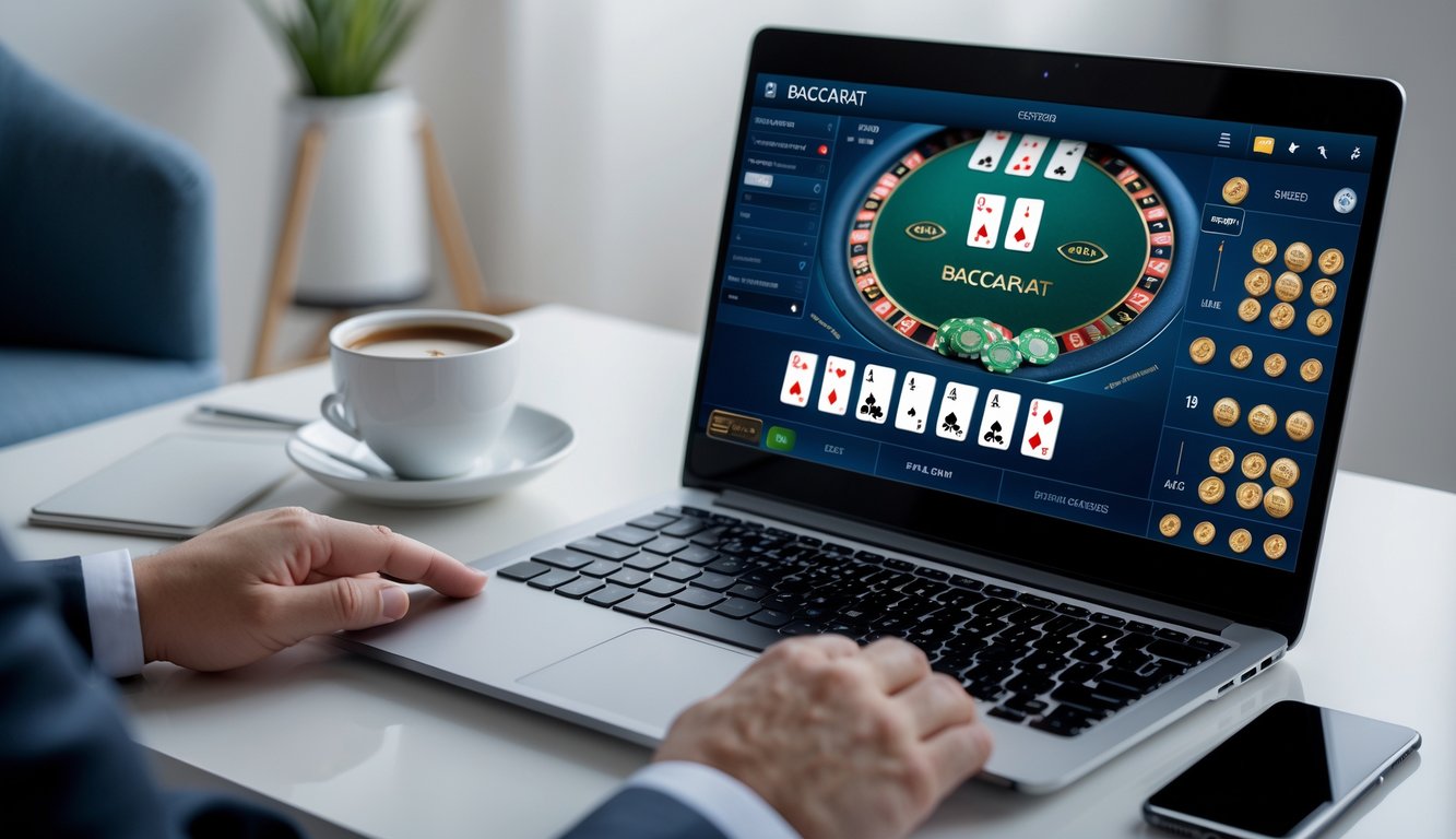 Seseorang bermain baccarat online di laptop dengan suasana kerja yang rapi dan nyaman.