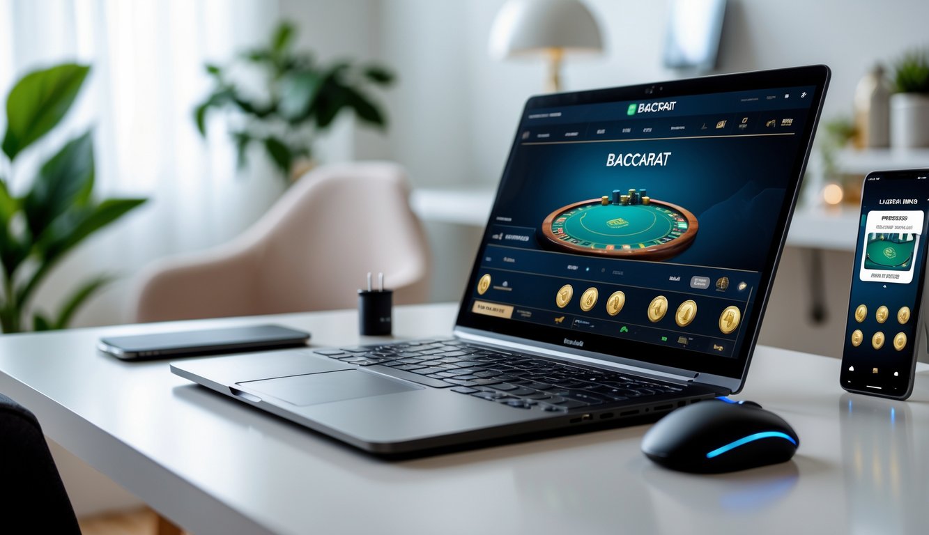 Seorang pemain menggunakan laptop di meja rapi dengan permainan baccarat online di layar, suasana nyaman dan terang.