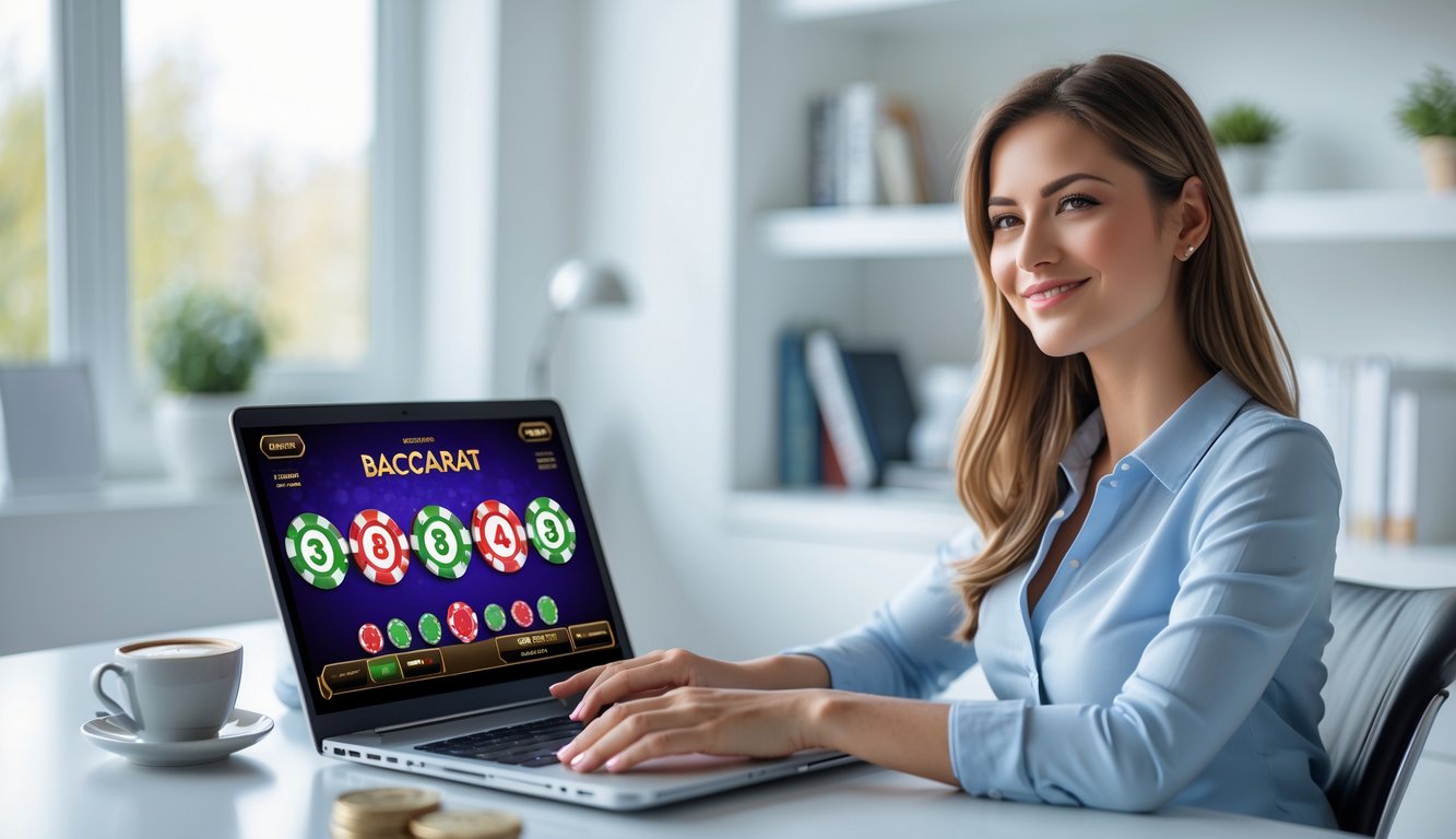 Seorang wanita muda duduk di meja modern sambil bermain permainan baccarat online di laptop dengan ekspresi santai dan senang.