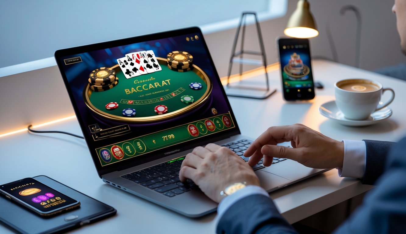 Seseorang bermain baccarat online di laptop di meja kerja modern dengan kartu dan chip terlihat di layar.