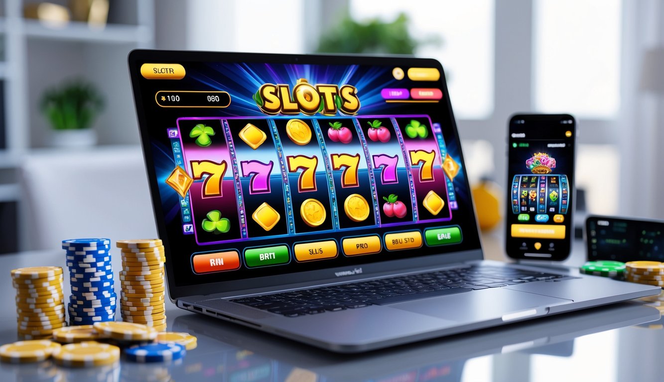 Orang menggunakan komputer dengan permainan slot online berwarna cerah di layar dalam ruangan terang dan rapi.