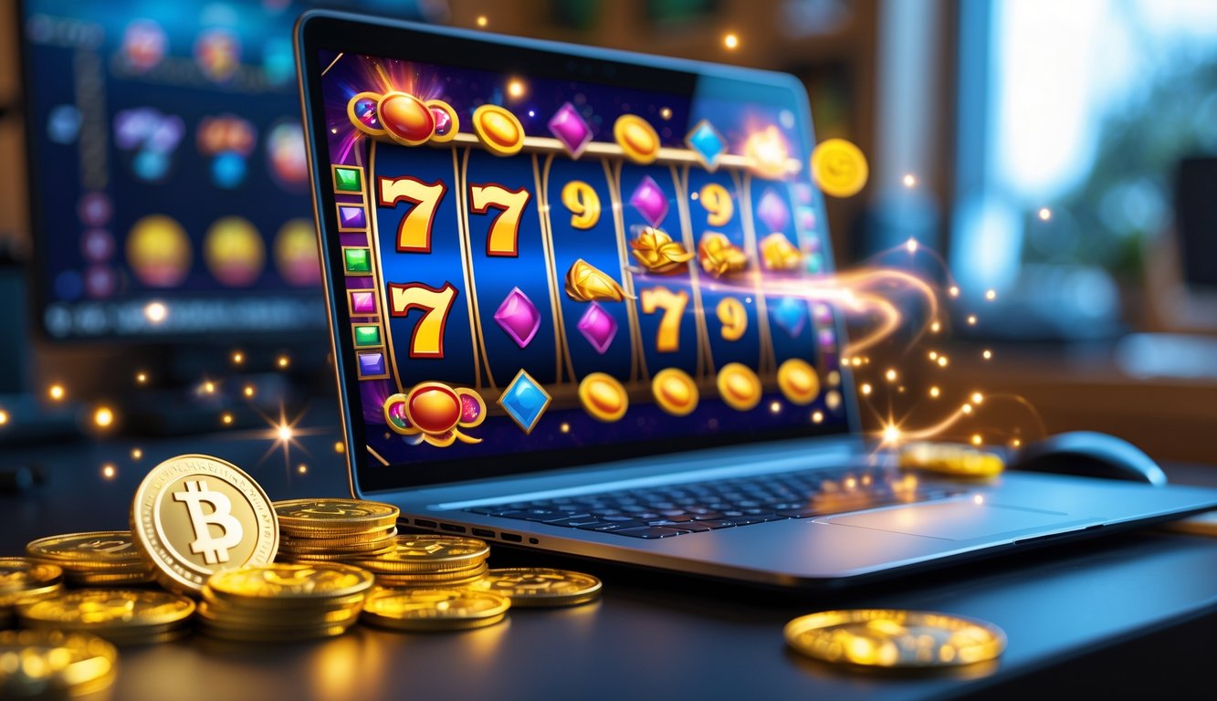 Seorang pemain sedang bermain mesin slot online di komputer dengan koin emas berkilauan di sekitar layar.