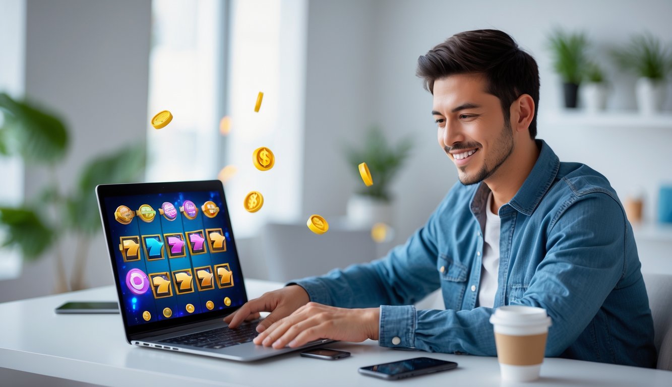 Seorang pria muda duduk di meja modern sambil bermain permainan slot online di laptop dengan ekspresi fokus dan senang.