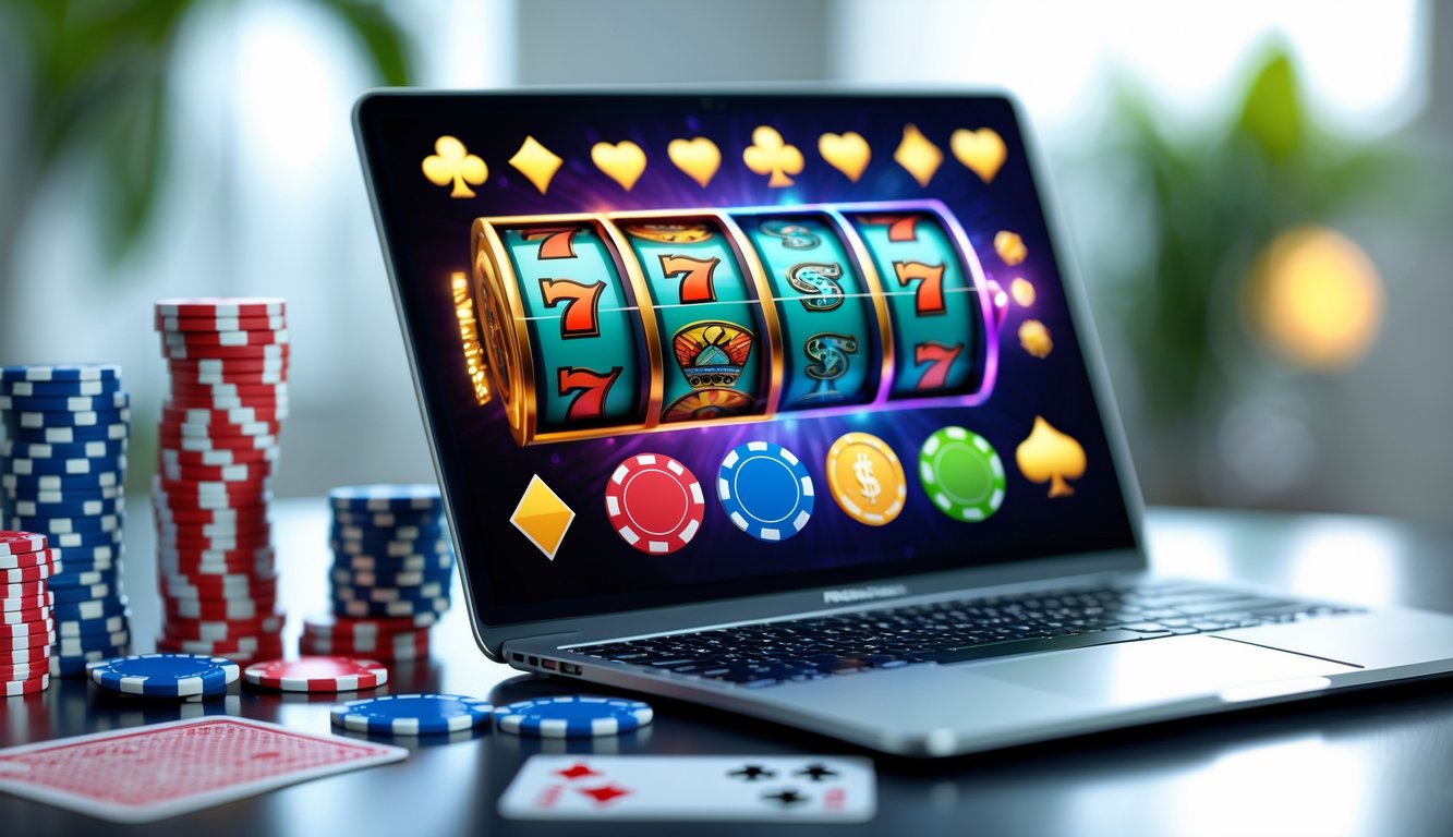 Seorang pengguna sedang bermain permainan slot online di laptop dengan latar belakang meja kerja yang rapi dan beberapa chip poker di sekitarnya.