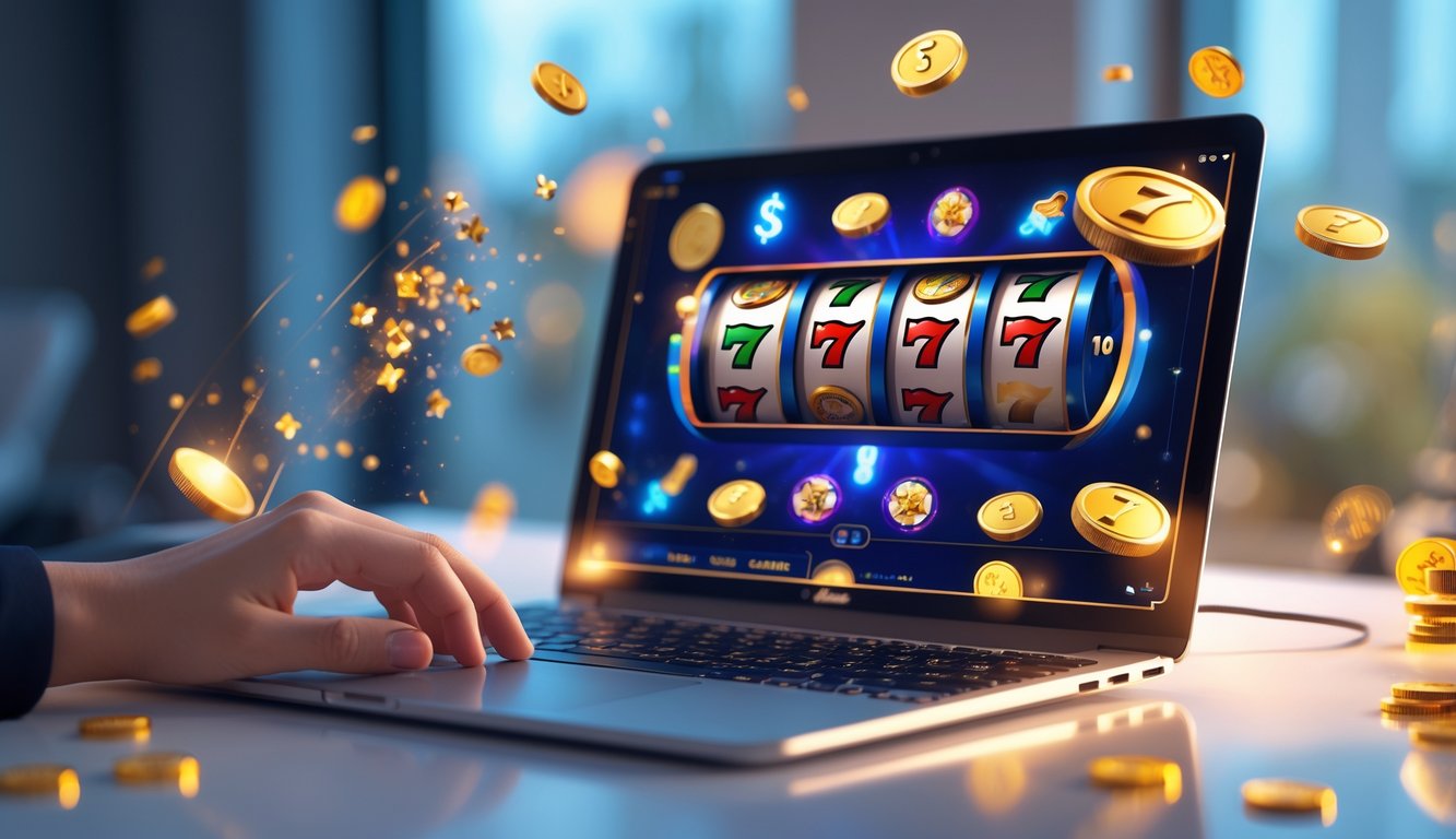Seorang pengguna sedang bermain permainan slot online di komputer dengan simbol mesin slot yang berwarna-warni dan koin digital di sekitar layar.