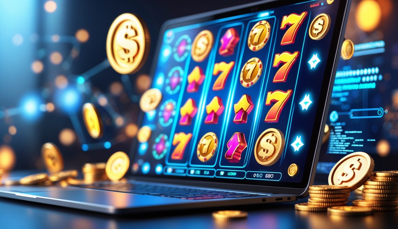 Seorang pemain menggunakan laptop dengan layar menampilkan mesin slot online yang penuh warna dan simbol keberuntungan, dikelilingi oleh elemen teknologi digital.