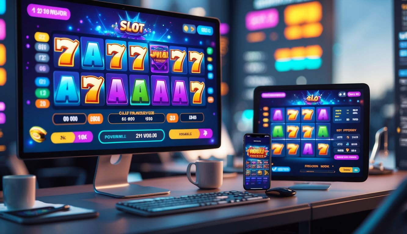 Seorang pemain sedang menggunakan komputer dan ponsel untuk bermain slot online dengan latar belakang meja kerja yang rapi dan beberapa alat tulis.