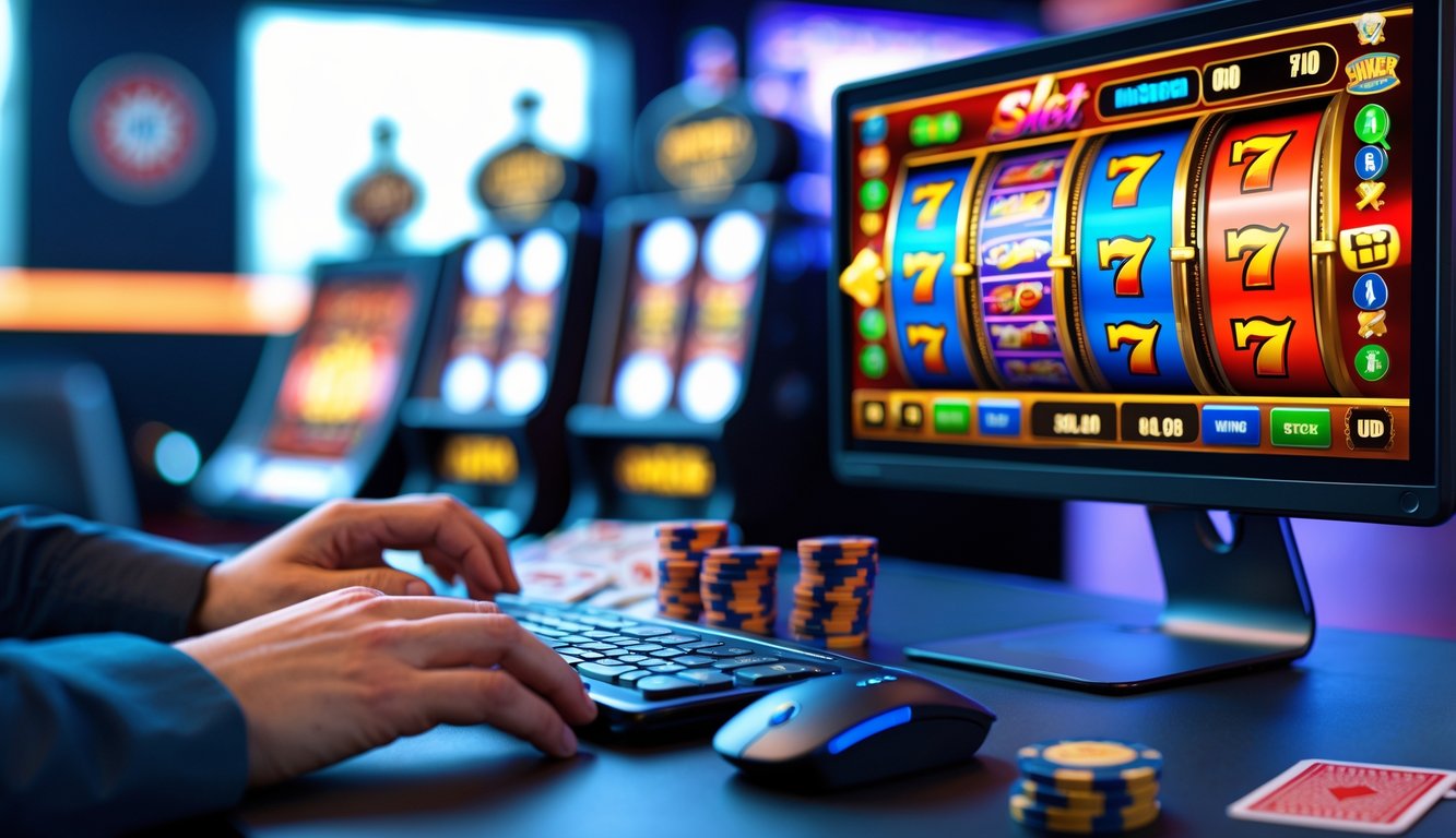 Seseorang bermain permainan slot online di komputer dengan layar menampilkan grafik mesin slot yang berwarna-warni.