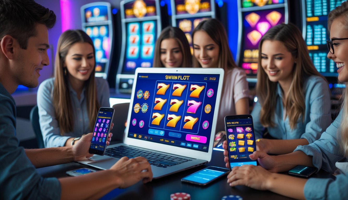Beberapa orang muda menggunakan laptop dan ponsel untuk bermain mesin slot online dalam ruangan dengan dekorasi bertema kasino.