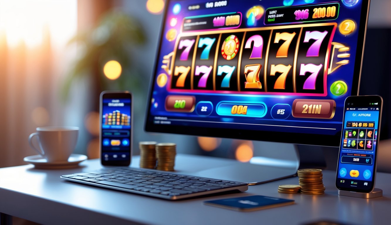 Seorang pengguna sedang bermain permainan slot online di laptop dan ponsel di atas meja dengan suasana ruangan yang nyaman.