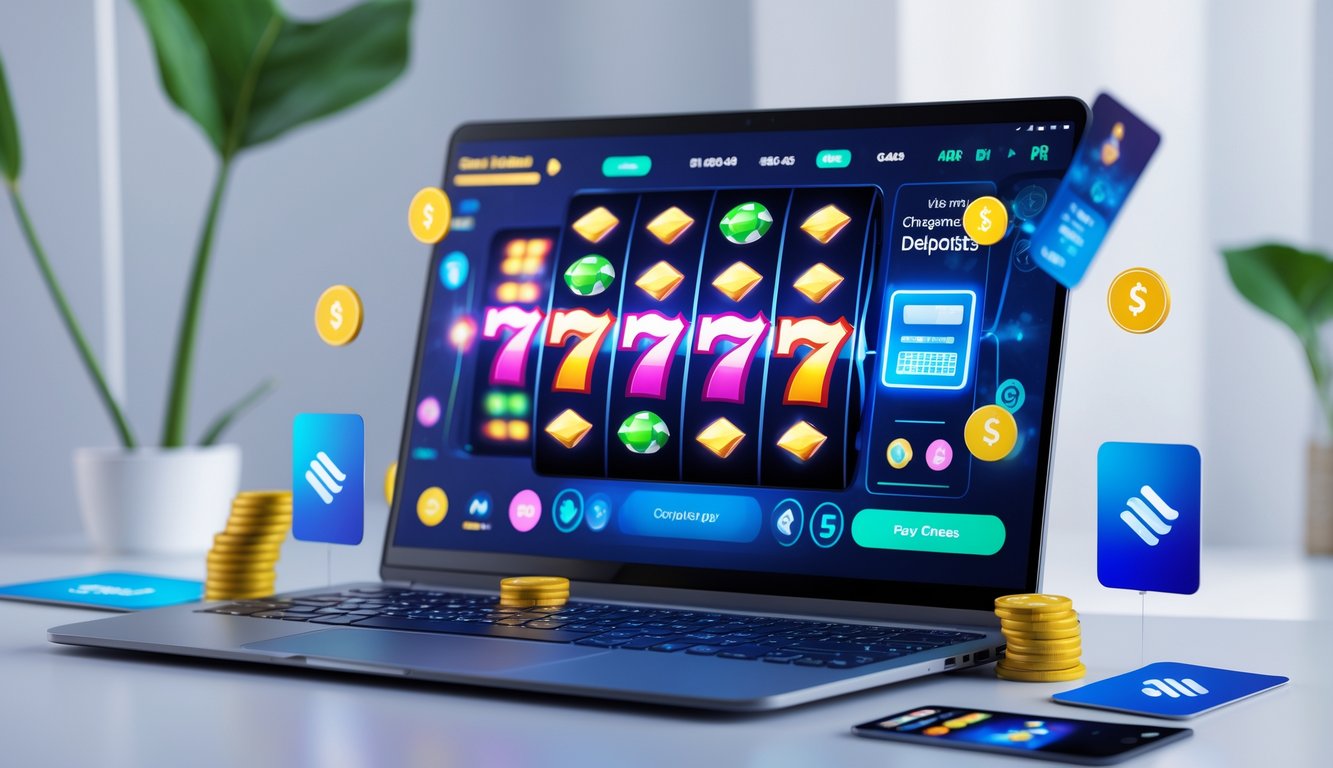 Seorang pengguna komputer dengan permainan slot online berwarna cerah di layar, dikelilingi oleh ikon pembayaran digital dan ponsel.