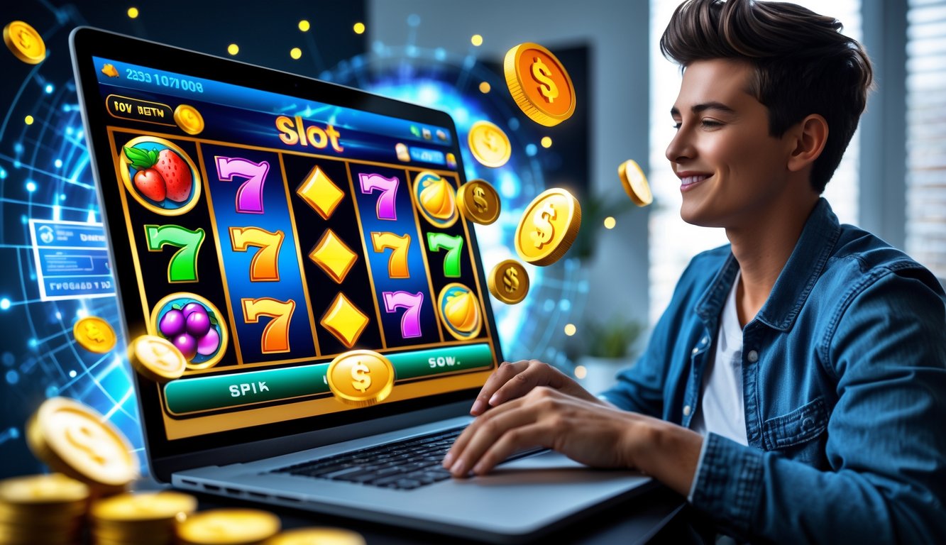 Seseorang sedang bermain permainan slot online di laptop di ruang kerja yang terang dengan simbol slot berwarna-warni di layar.
