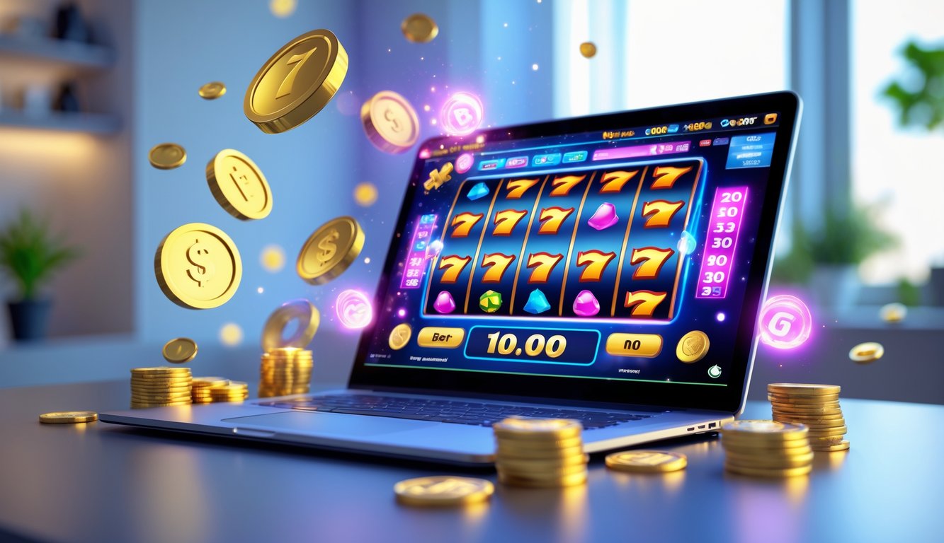 Sebuah perangkat dengan layar menampilkan permainan slot online dengan simbol berwarna cerah dan koin emas mengambang di sekitarnya.