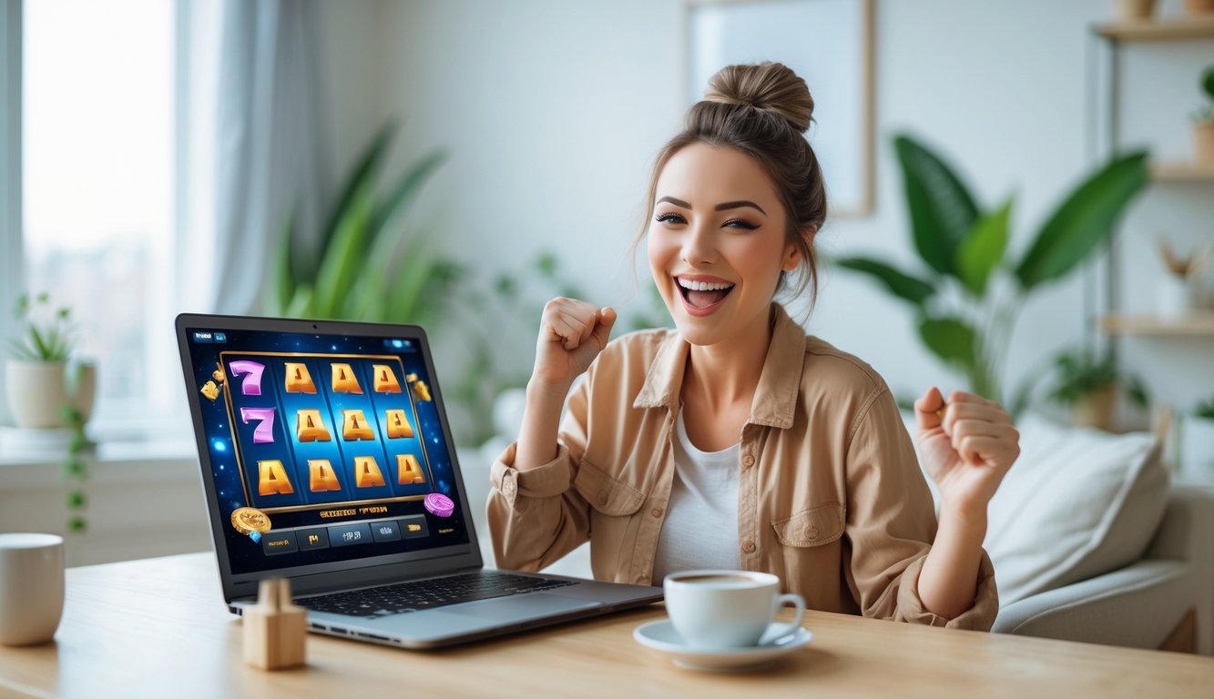 Seorang wanita muda tersenyum sambil menggunakan laptop di ruang tamu yang nyaman, terlihat senang dan bersemangat.