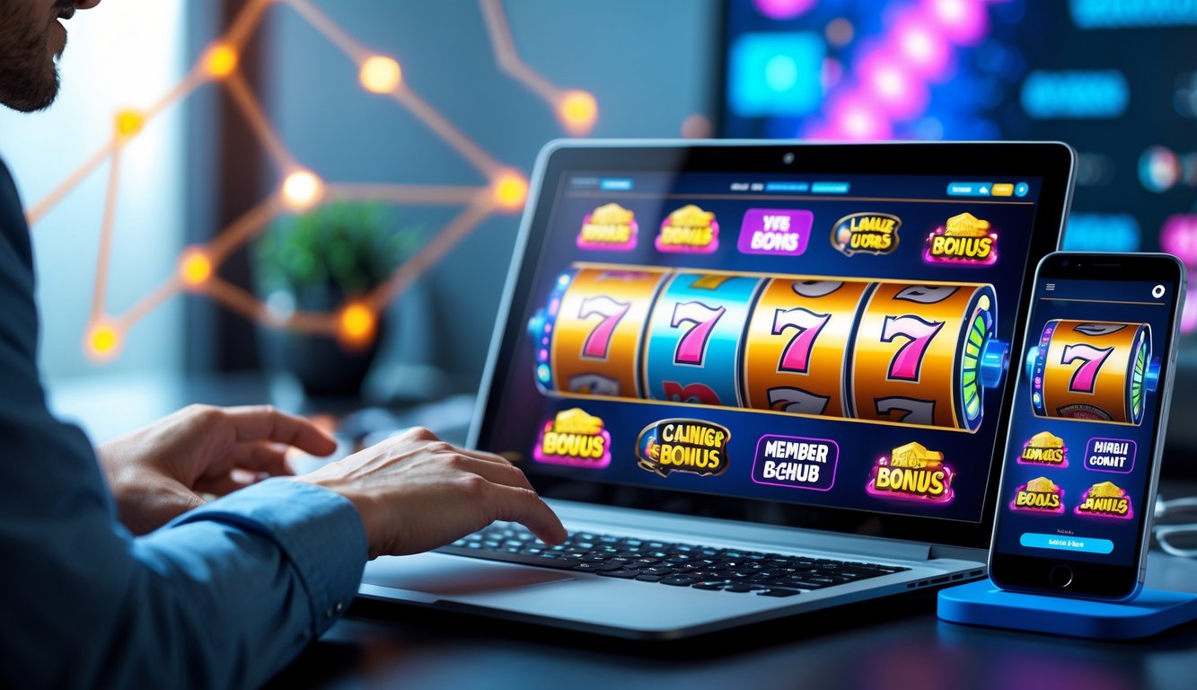 Seorang pengguna sedang menggunakan laptop dan ponsel untuk bermain permainan slot online dengan tampilan grafis warna-warni di layar.