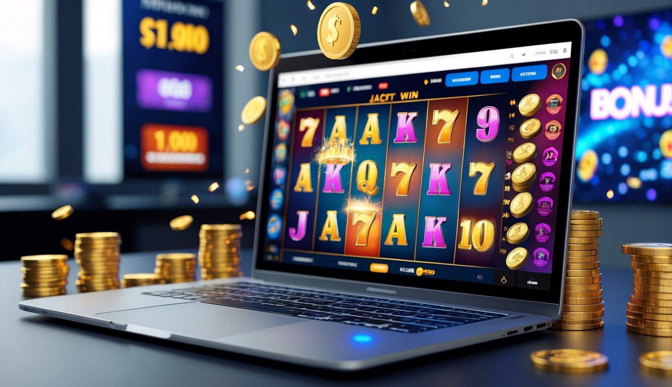 Seorang pemain menggunakan laptop dengan tampilan permainan slot online yang menampilkan jackpot dan promosi di meja kerja yang rapi.