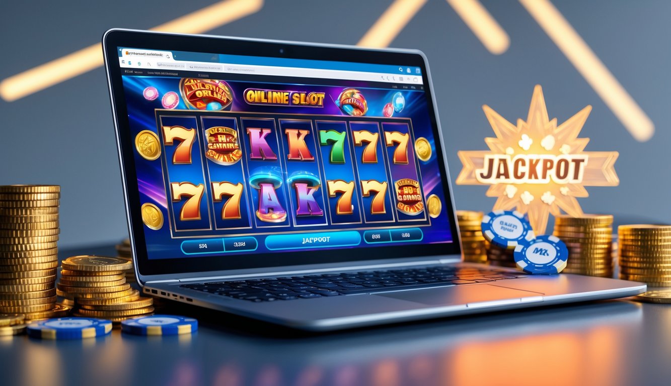 Seorang pemain menggunakan laptop dengan layar menampilkan permainan slot online yang berwarna-warni dan simbol jackpot, dikelilingi oleh koin emas dan chip poker.