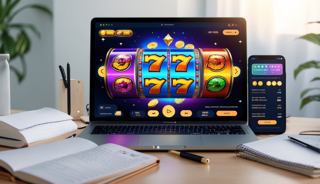 Seorang pemain sedang menggunakan laptop dengan tampilan permainan slot online yang berwarna-warni di layar, dikelilingi oleh buku catatan dan ponsel di meja kerja yang rapi.