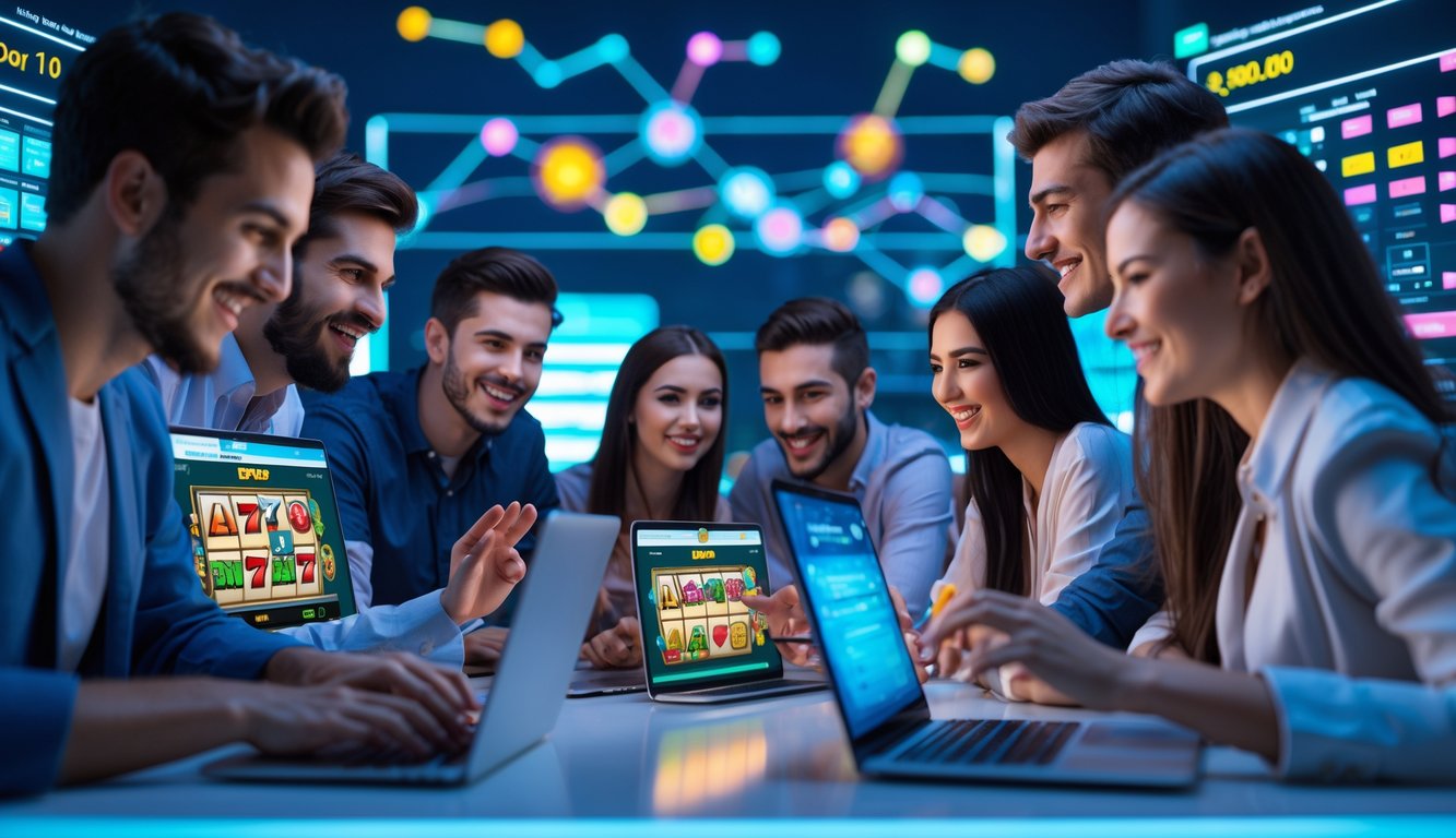 Sekelompok orang muda bermain slot online dengan laptop dan ponsel di lingkungan yang terang dan modern.