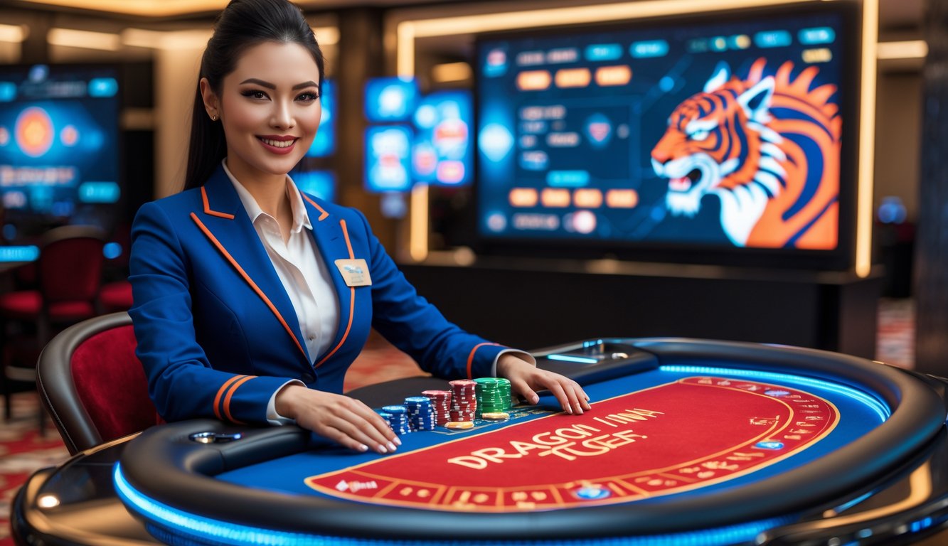 Seorang dealer wanita profesional duduk di meja permainan Dragon Tiger dengan latar belakang kasino online modern.