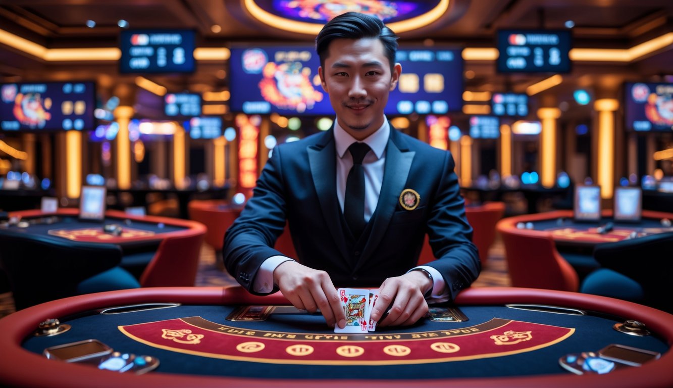 Seorang dealer profesional sedang membagikan kartu di meja permainan Live Dragon Tiger dengan layar digital di latar belakang.