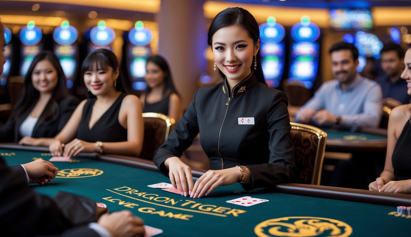 Seorang dealer wanita duduk di meja permainan Dragon Tiger dengan beberapa pemain yang memperhatikan permainan di kasino.