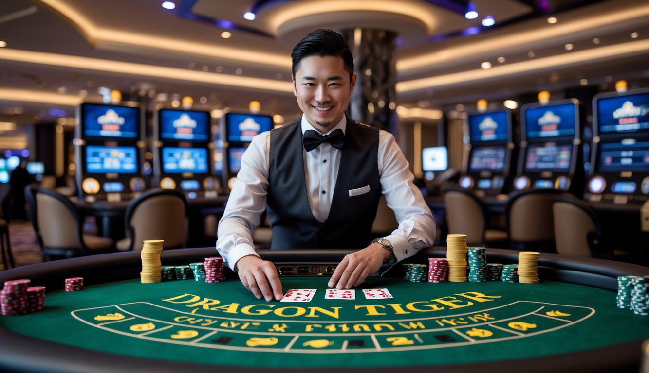 Seorang dealer kasino nyata sedang membagikan kartu di meja permainan Dragon Tiger dengan suasana kasino modern di latar belakang.
