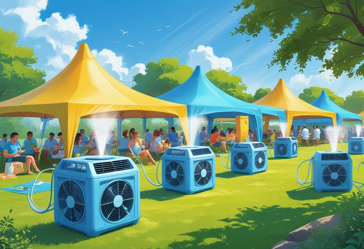Outdoor summer event with tents, fans, and evaporative coolers providing shade and cooling to people enjoying the sunny day.