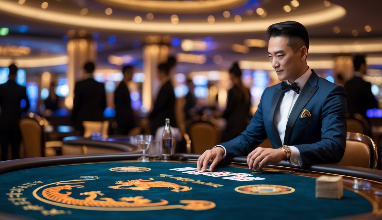 Seorang dealer profesional sedang membagikan kartu di meja permainan Dragon Tiger di kasino dengan suasana mewah dan pemain yang mengamati.