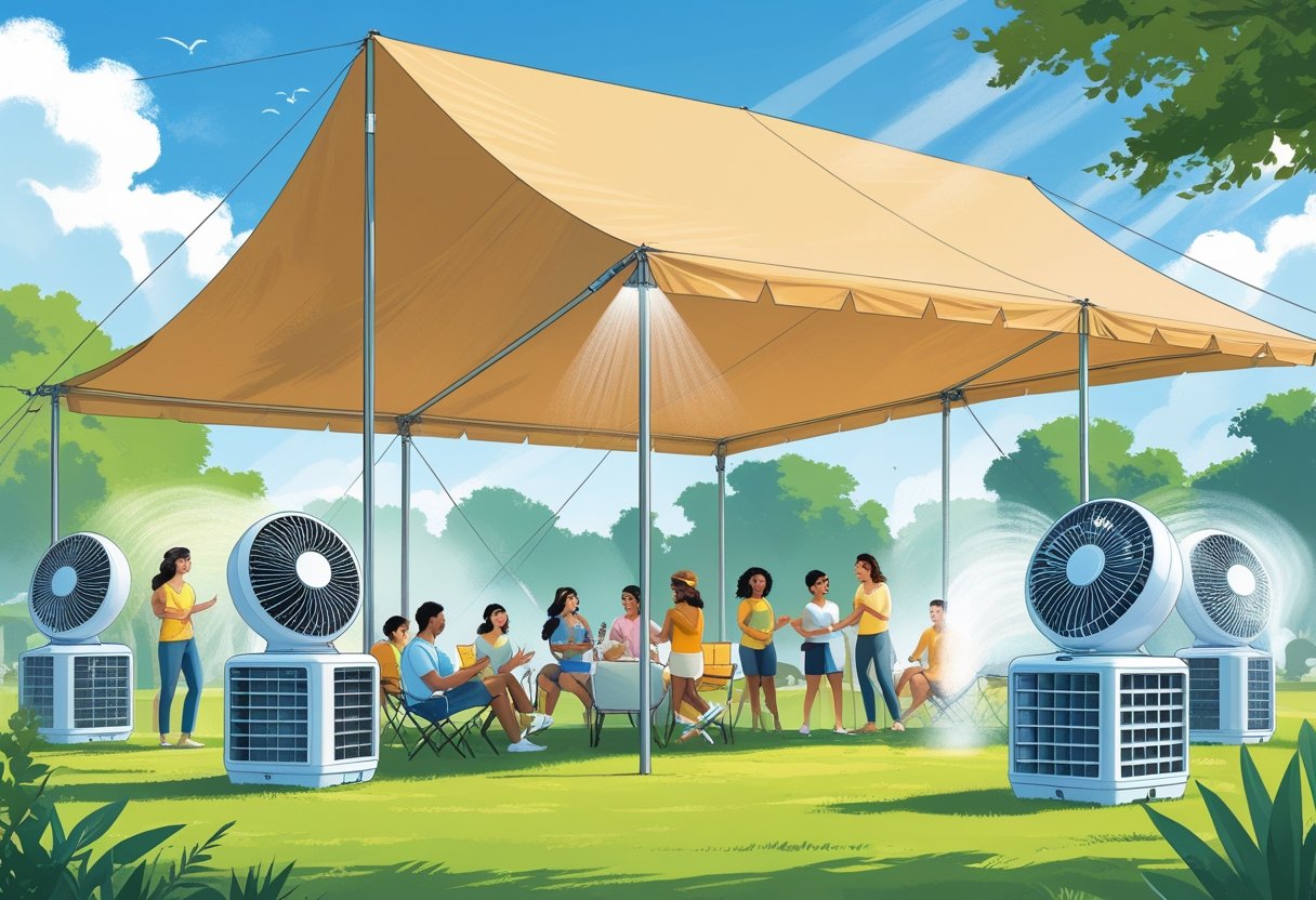 An outdoor summer event with people under a tent, fans, and an evaporative cooler providing shade and cooling.