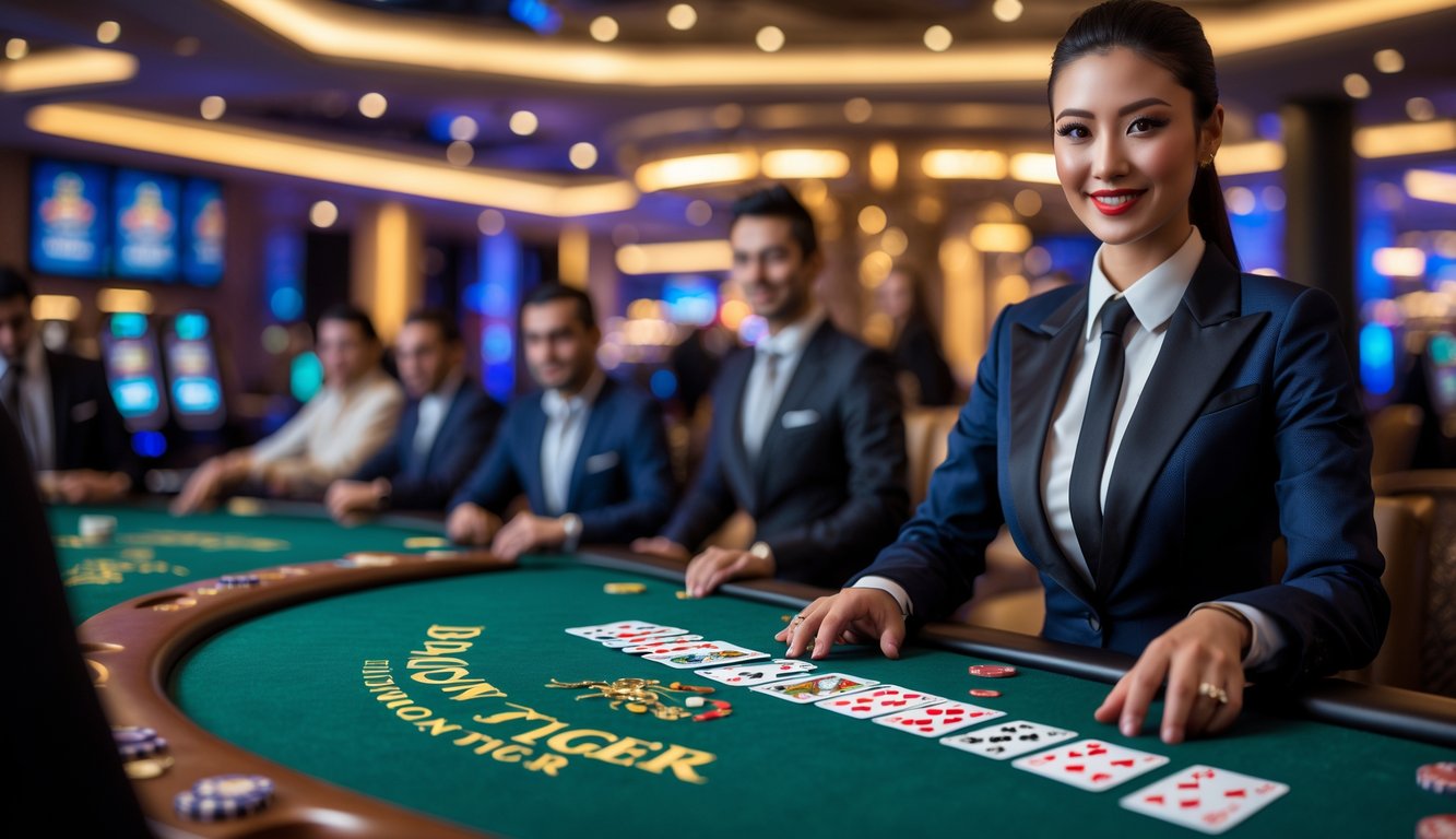 Seorang dealer profesional sedang mengelola permainan Dragon Tiger langsung di meja kasino dengan kartu dan chip terlihat jelas.