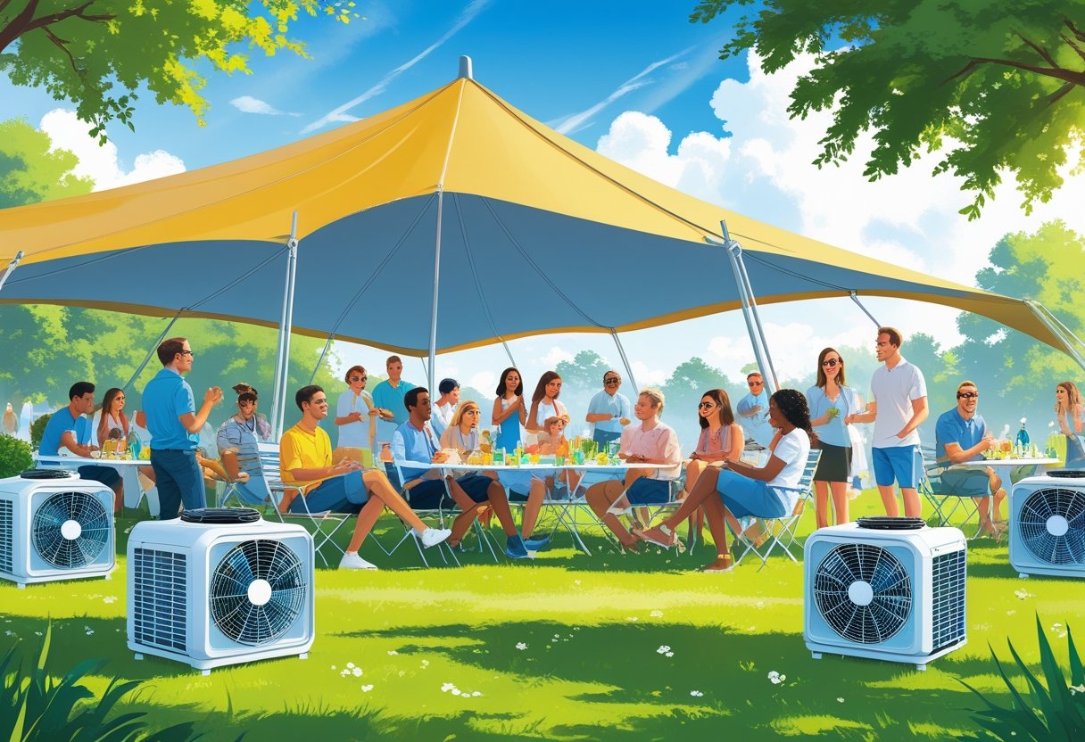 Outdoor summer gathering under a large tent with people enjoying cool air from fans and evaporative coolers.