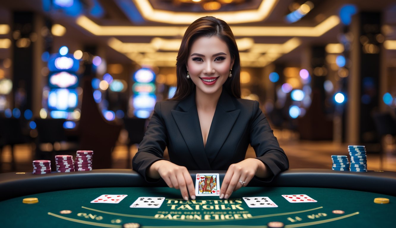 Seorang dealer wanita profesional sedang membagikan kartu di meja permainan Dragon Tiger di kasino.