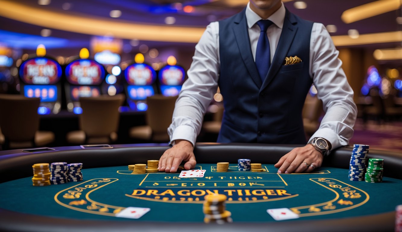 Seorang dealer profesional sedang mengelola permainan Dragon Tiger di meja kasino dengan suasana kasino yang mewah dan pencahayaan lembut.
