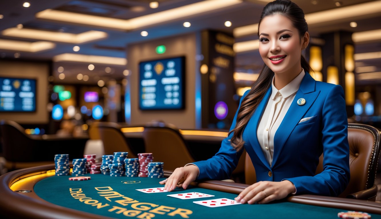 Seorang dealer wanita yang ramah duduk di meja permainan Dragon Tiger dengan kartu dan chip, di dalam kasino yang mewah dan terang.