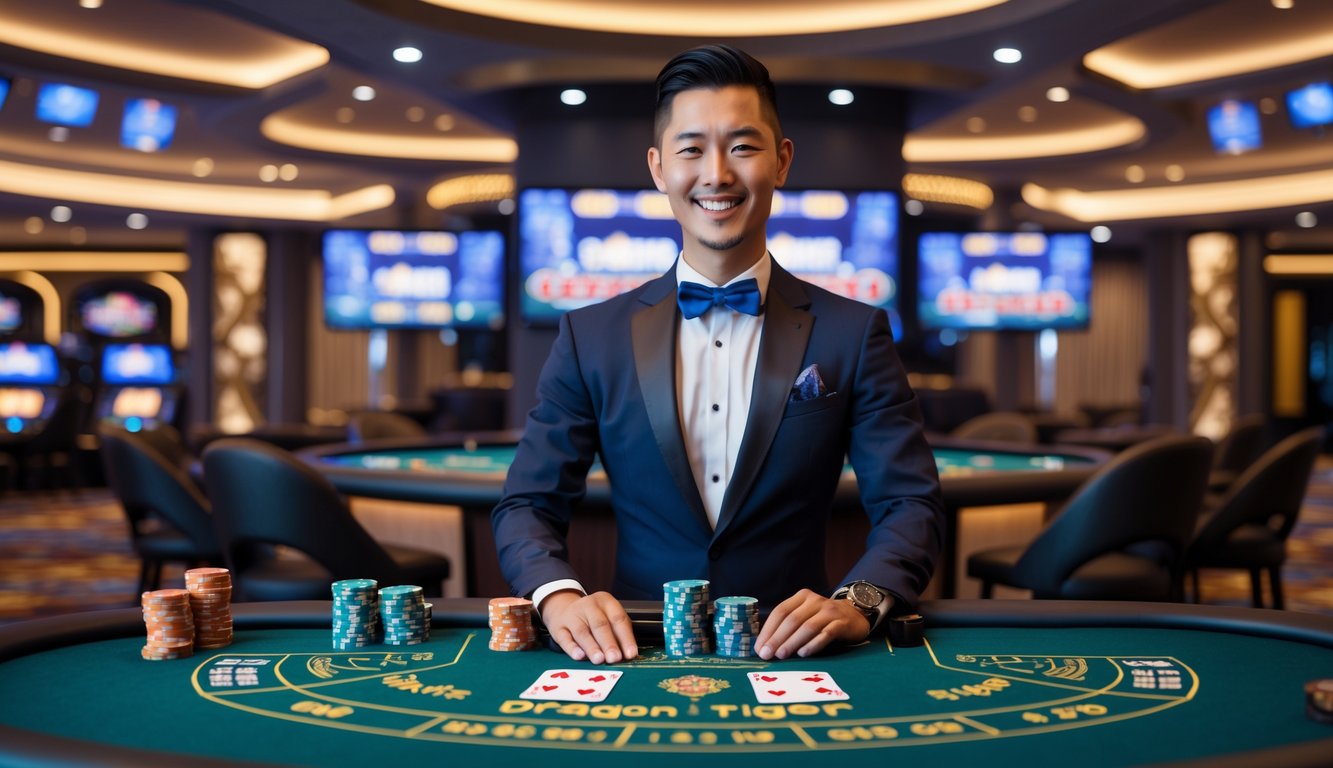 Seorang dealer kasino profesional berdiri di belakang meja permainan Dragon Tiger dengan kartu dan chip, di dalam ruangan kasino yang terang dan modern.