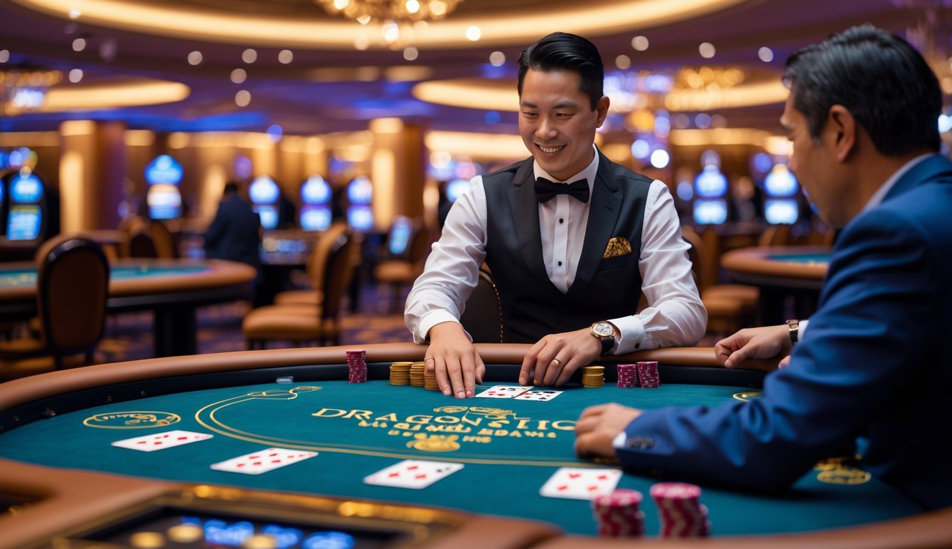 Seorang dealer nyata sedang memimpin permainan kartu Dragon Tiger langsung di meja kasino yang terang dengan suasana ramai.