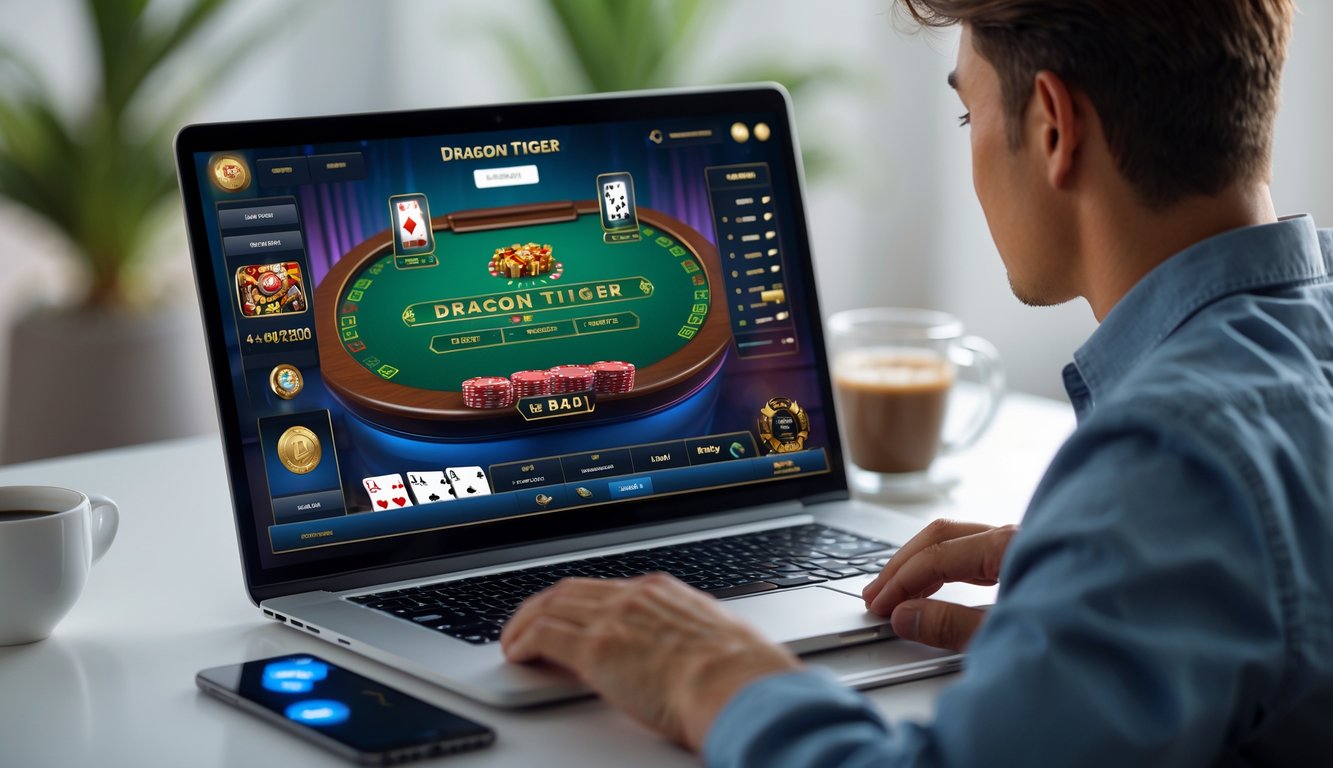 Seorang pria muda sedang bermain permainan Dragon Tiger dealer langsung di laptop di meja kerja yang rapi.