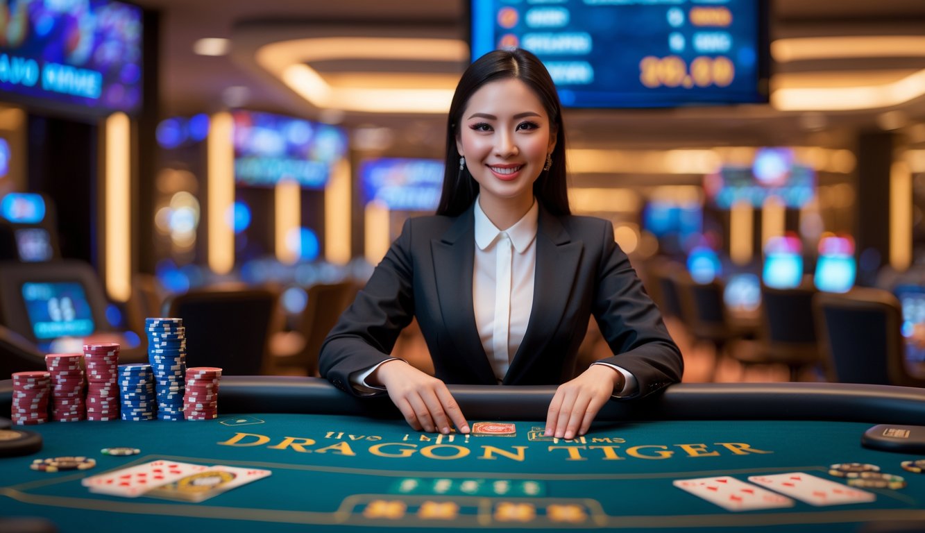 Seorang dealer wanita tersenyum di meja permainan Dragon Tiger di kasino dengan suasana profesional dan pencahayaan lembut.