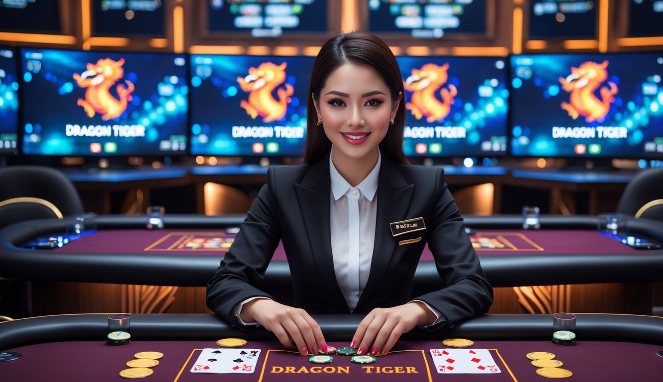 Seorang dealer wanita profesional duduk di meja permainan Dragon Tiger dengan kartu dan layar monitor di latar belakang dalam suasana kasino online langsung.
