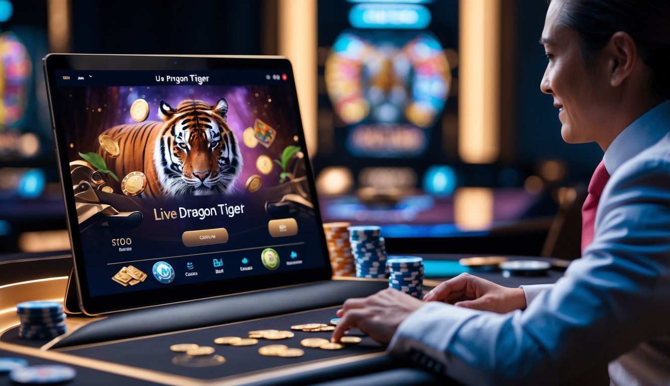 Seorang dealer profesional sedang mengelola permainan Live Dragon Tiger secara online dengan latar belakang suasana kasino modern.