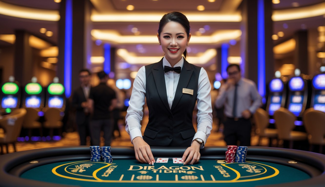 Seorang dealer profesional sedang memimpin permainan Dragon Tiger secara langsung di kasino dengan meja permainan dan beberapa pemain memperhatikan.