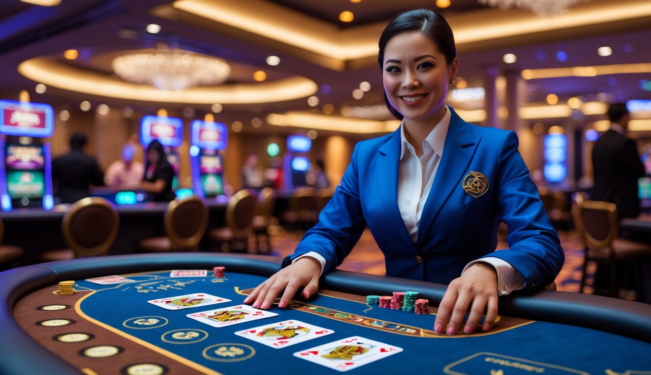 Seorang dealer nyata sedang mengelola permainan Dragon Tiger di meja kasino dengan suasana kasino langsung yang hidup.