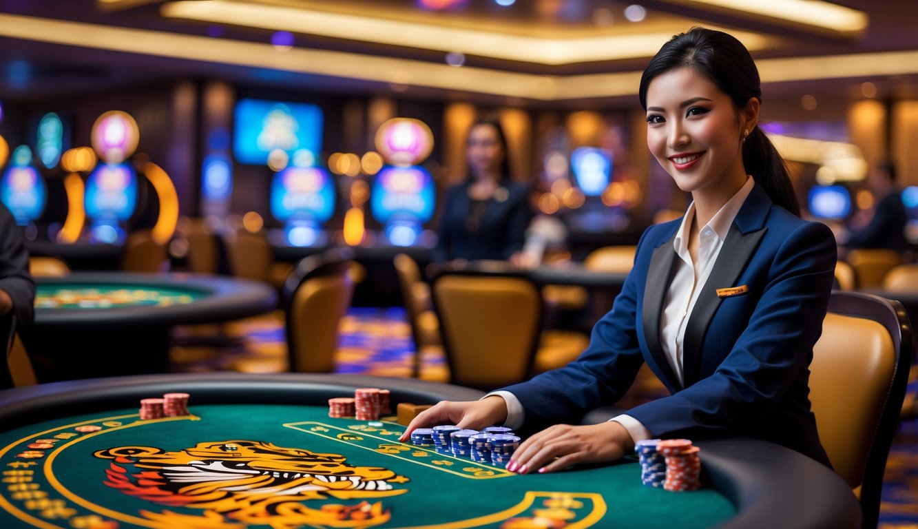 Seorang dealer profesional sedang mengelola meja permainan Dragon Tiger live di kasino dengan suasana modern dan pencahayaan hangat.