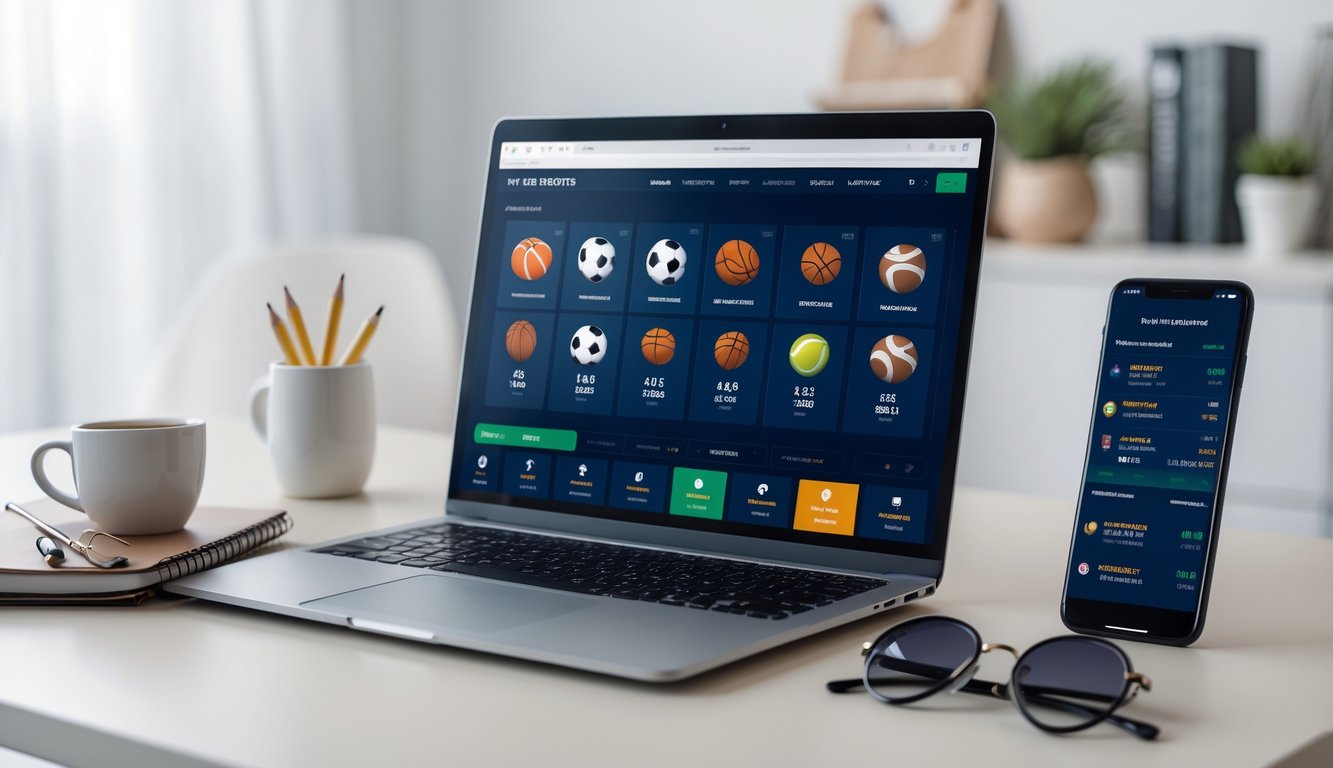 Seorang pengguna duduk di meja dengan laptop dan ponsel yang menampilkan situs taruhan olahraga online, di ruangan terang dengan alat tulis dan cangkir kopi di sampingnya.