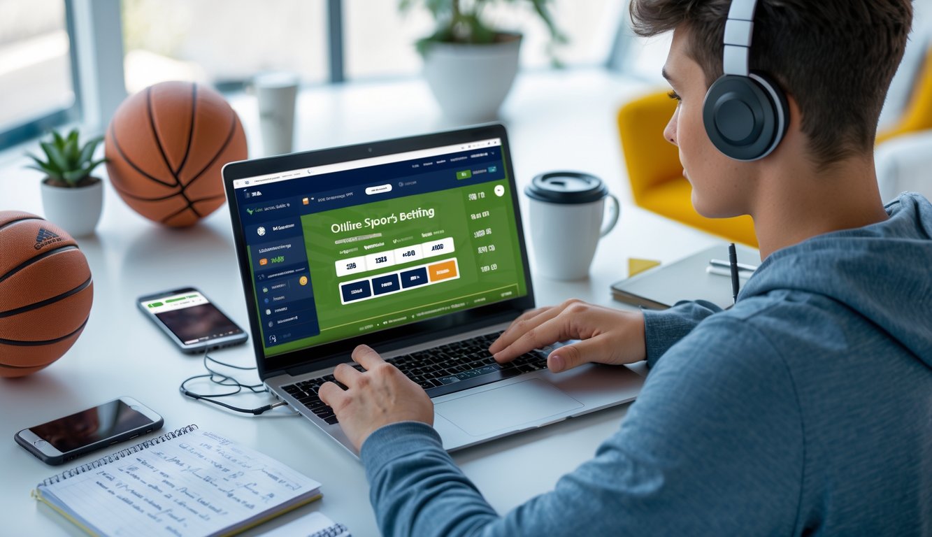 Seseorang menggunakan laptop di meja kerja dengan bola sepak dan bola basket di sekitar, menunjukkan aktivitas taruhan olahraga online.