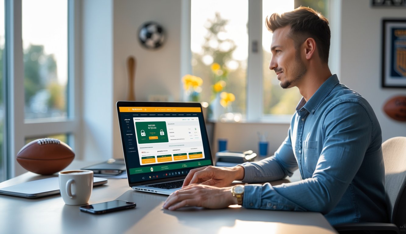 Seorang pria muda duduk di meja dengan laptop, terlihat fokus menggunakan situs taruhan olahraga online yang aman, dengan latar belakang perlengkapan olahraga dan suasana ruangan yang terang.