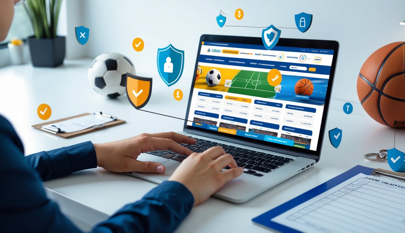 Seseorang menggunakan laptop di meja kerja dengan tampilan situs taruhan olahraga online dan simbol keamanan di sekitar.