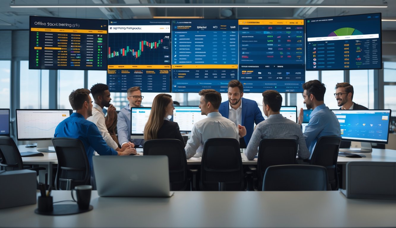 Orang-orang yang bekerja bersama di kantor modern dengan beberapa layar komputer menampilkan acara olahraga dan data taruhan.