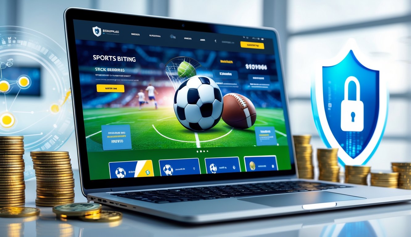 Seorang pria duduk di depan laptop yang menampilkan situs taruhan olahraga online dengan simbol keamanan dan tumpukan koin di meja.
